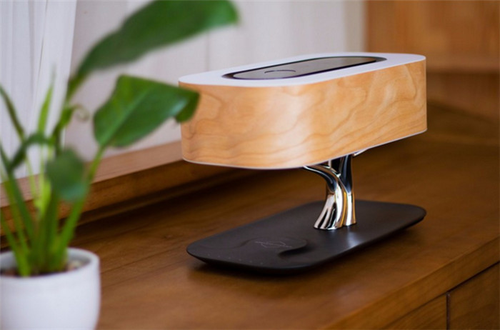 Wood Veneer Skin Multi Function Wireless Led Desk Lamp With Wifi Bluetooth Speaker